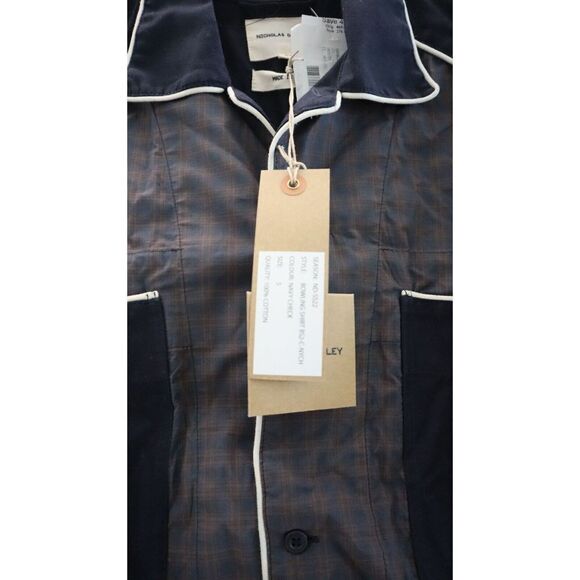 Nicholas Daley SS22 Men's Sz Small Navy Check V-Neck Cotton Bowling Shirt $465 - Picture 3 of 10